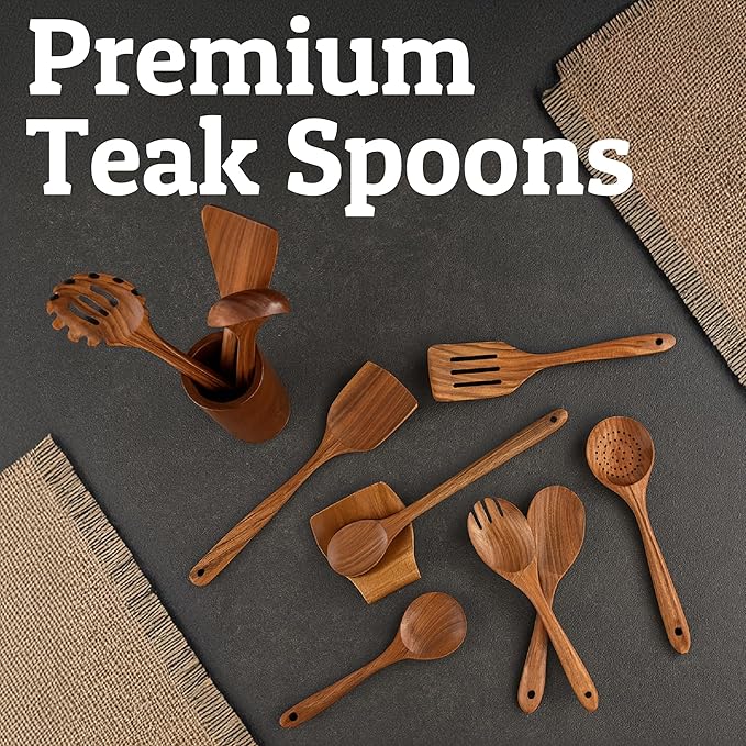 PriorityChef Premium Wooden Spoons for Cooking - 8pc with Utensil Holder, Spoon Rest and Hanging Hooks, Smooth Finish Teak Wooden Utensil Set, Heat-Resistant & Nonstick Safe, Ideal for Gifting