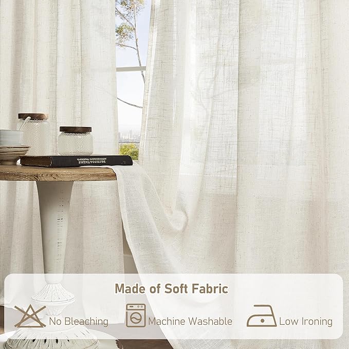 LAMIT Natural Ivory Linen Curtains 72 inches Long for Living Room, Soft Thick Semi Sheer Light Filtering Bronze Grommet Window Treatments Neutral Drapes for Bedroom, 2 Panels Set, 52 x 72 Inch