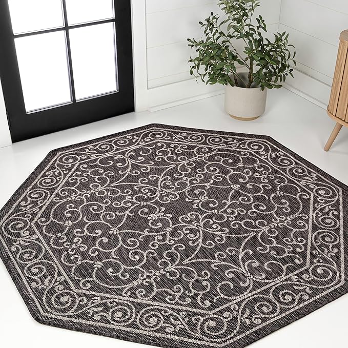 JONATHAN Y Vintage Filigree Indoor Outdoor Octagon Area Rug 5 Ft Black/Gray, Charleston Textured Weave for Backyard, Patio, Porch, Easy-Cleaning, High Traffic, Pet-Friendly, Non-Shedding SMB106G-5TGN