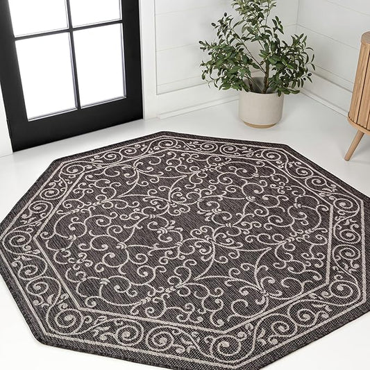 JONATHAN Y Vintage Filigree Indoor Outdoor Octagon Area Rug 5 Ft Black/Gray, Charleston Textured Weave for Backyard, Patio, Porch, Easy-Cleaning, High Traffic, Pet-Friendly, Non-Shedding SMB106G-5TGN