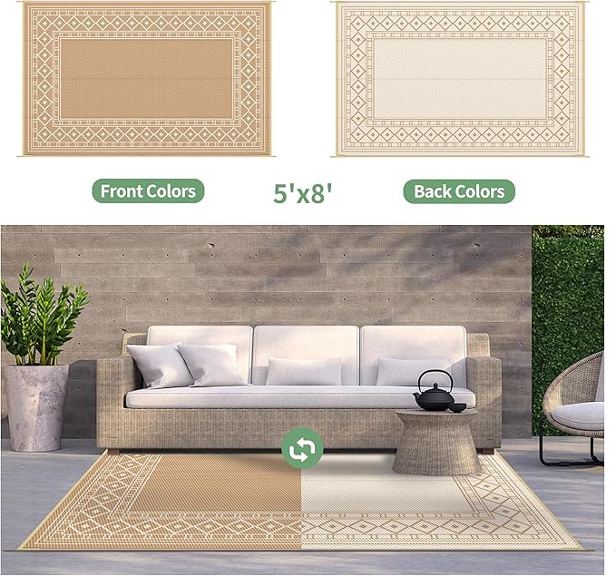 GENIMO Outdoor Rug 5'x8' Waterproof for Patio Decor, Reversible Outdoor Plastic Straw Rug Carpet, Camping Mats for Outdoor, RV, Backyard, Deck, Balcony, Picnic, Brown & Beige