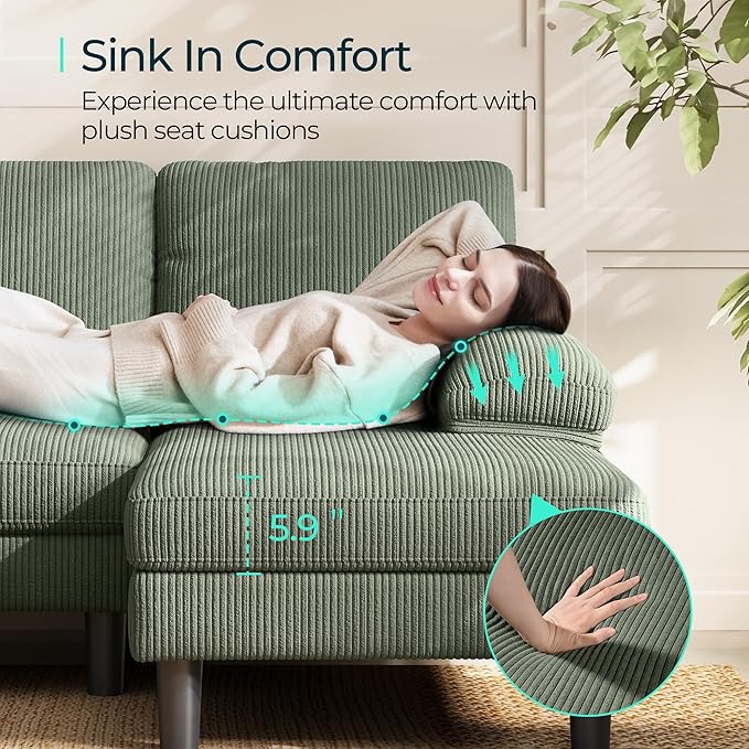 LINSY HOME Sectional Couch, 111'' W Corduroy U Shaped Sofa with Sleepable Armrests, 4 Seat Couch with Double Chaises, Deep Seat Sofa for Living Room, Army Green