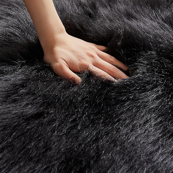 AMTOVO Faux Fur Rug, Black Ultra Soft Fluffy Shag Sheepskin Rug, 2 x 6 ft Runner Area Rugs for Bedroom Sofa Throw Cushion Room Decor, Rectangle