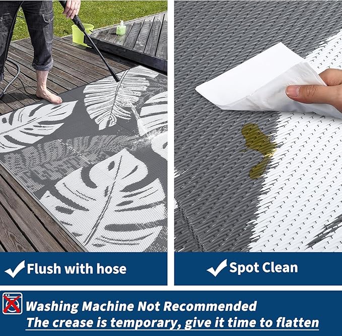 GAOMON Outdoor Rug 9x18 Waterproof Patio Rugs Reversible Outdoor Plastic Straw Rug Camping Mat, Foldable Portable RV Picnic Carpet with Bag & 4 Stakes, UV Resistant Carpet for Deck Balcony, Grey