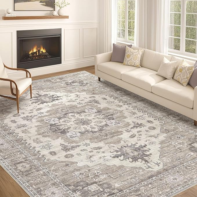 Washable Area Rugs for Living Room - 10x14 Neutral Vintage Distressed Floral Farmhouse Boho Large Soft Floor Rug Indoor Non Slip Carpet for Living Room Bedroom Dining Room Office-Brown/Beige