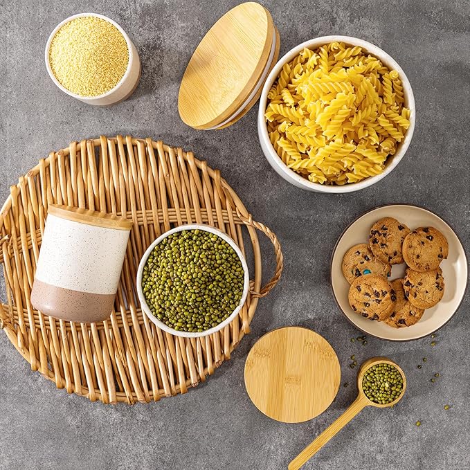 Yangbaga Canisters Sets for Kitchen Countertop-Set of 4 Ceramic Kitchen Canisters Food Storage Jar with Airtight Wood Lids & Spoons & Label,Large Flour and Sugar Containers for Serving Ground Coffee