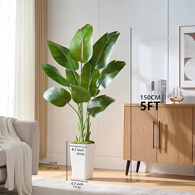 Lifelike Bird of Paradise Silk Artificial Plant Faux Banana Leaf Tree for Home Decor - Perfect Indoor Floor Plant with 9 Trunks (1, White Tall Planter, 5 FT)