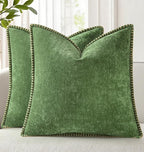 decorUhome Fall Chenille Soft Throw Pillow Covers 16x16 Set of 2, Farmhouse Velvet Neutral Decorative Euro Pillow Covers with Stitched Edge for Couch Sofa Bed Home Decor, Forest Elf