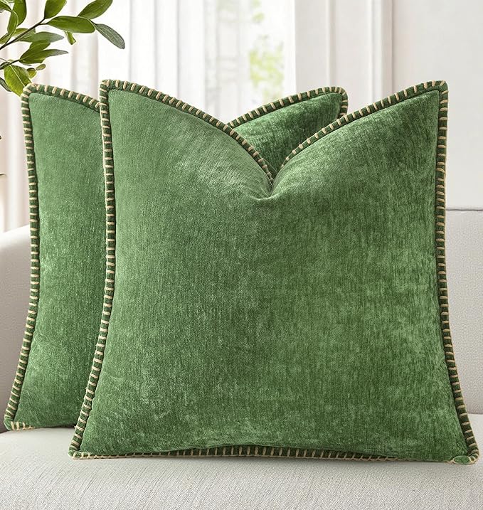 decorUhome Fall Chenille Soft Throw Pillow Covers 26x26 Set of 2, Farmhouse Velvet Neutral Decorative Euro Pillow Covers with Stitched Edge for Couch Sofa Bed Home Decor, Forest Elf