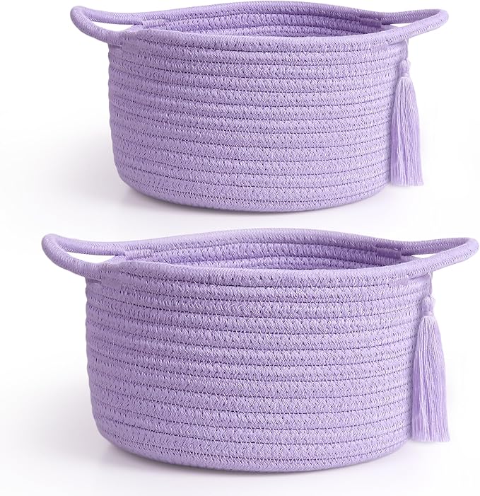 Empty Gift Basket - SweetMemo Mini Woven Rope Organizer Baskets for Baby Shower, Vanity, Makeup Brushes, Bathroom, Shelves, Desk - Small Decorative Storage Bins - Set of 2, Pre-Shaped, Lilac Purple