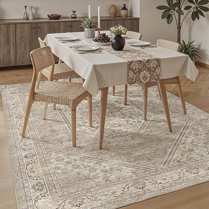 DCX Machine Washable Brown and Beige Area Rug 8x10, Non Slip Stain Resistant Vintage Floral Rug for Living Room Bedroom Nursery, Soft Low Pile Large Carpet