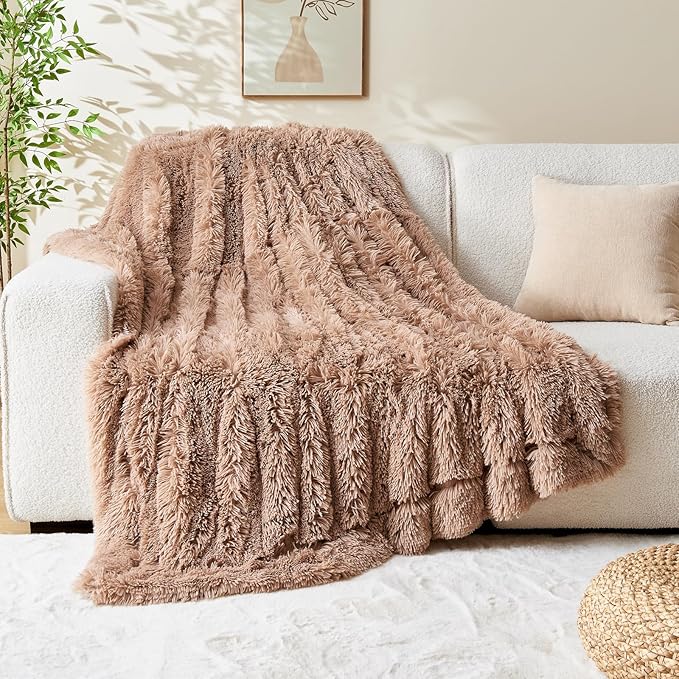 GONAAP Fuzzy Faux Fur Throw Blanket Twin Size Taupe Super Soft Cozy Plush Fuzzy Shaggy Blanket for Couch Sofa Bed (Taupe, Twin(60"x80"))