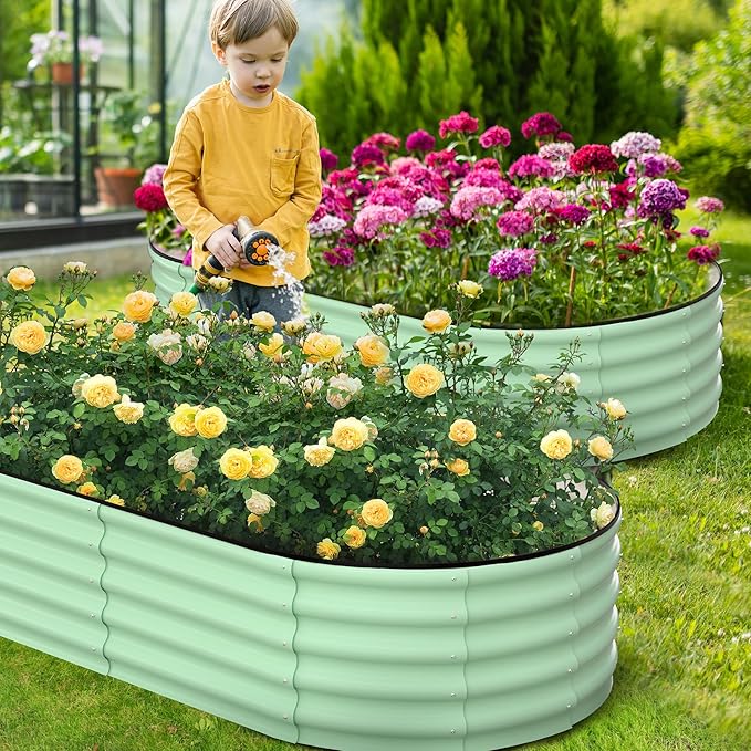 2 Pcs 6x3x1ft Oval Raised Garden Bed, Galvanized Raised Beds,Open-Ended Base Metal Raised Planter Beds,Garden Bed Outdoor,Planter Raised Boxes for Vegetables, Flowers,Tool-Free Asse,Green
