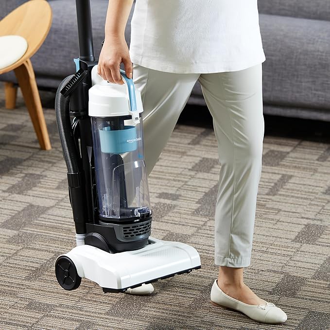 Amazon Basics Upright Bagless Vacuum Cleaner for Carpet and Hard Floors, With Crevice and Upholstery Tools, Detachable Handle, Lightweight (8.4 lbs), 1.7L Dust Cup, 720W, 25ft Cord, Black/White
