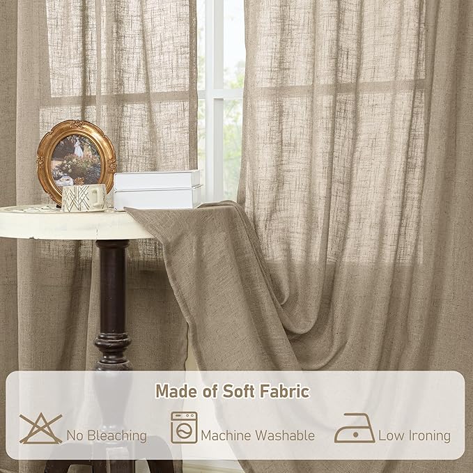LAMIT Linen Curtains 63 Inch Length 2 Panels for Bedroom, Semi Sheer Drapes Light Filtering Neutral Window Treatments with Bronze Grommet for Living Room Rustic Country Decor, Taupe, 52 X 63 Inch