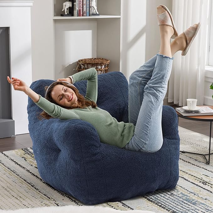 Recaceik Bean Bag Chairs, Tufted Soft Stuffed Bean Bag Chair with Filler, Fluffy Lazy Sofa, Imperial Lounger Giant Bean Bag Chair for Bedroom, Living Room, Blue, Large