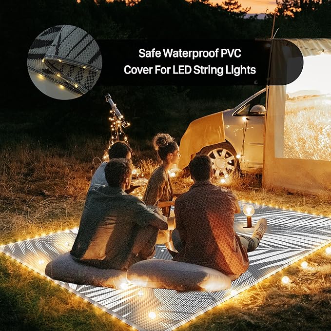 GENIMO Outdoor Rug 9' x 12' Waterproof for Patios Clearance, Reversible Outdoor Plastic Straw Camping Rug Carpet with LED String Light, Area Rugs Mats for RV, Camper, Deck, Balcony, Porch, Grey&White