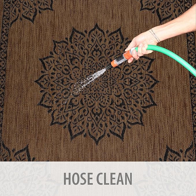 CAMILSON Outdoor Rug, 9x12 Medallion Nut Brown Black Modern Area Rugs for Large Indoor and Outdoor Patios, Kitchen and Hallway Mats, Washable Porch Deck Outside Carpet (Nut Brown Black, 9 x 12)