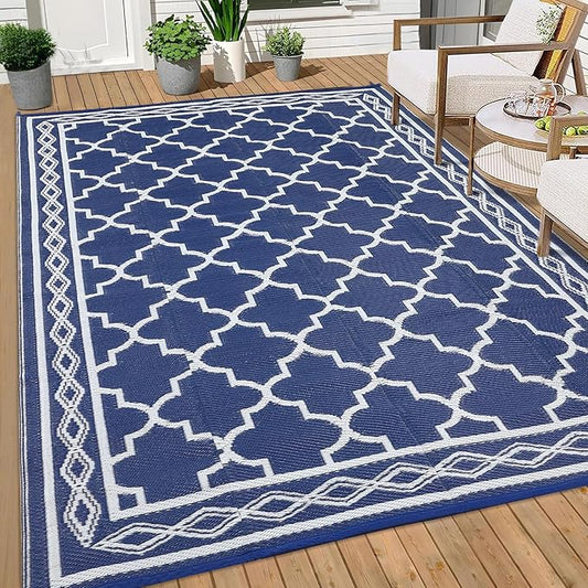 GAOMON Outdoor Rugs Patio Camping Waterproof Rug 6'x9' Plastic Straw Patio Rug Portable for Campers, Outside RVs Mat for Patios Clearance, Backyard Porch, Balcony, Navy/White(Geometric)