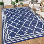 GAOMON Outdoor Rug Waterproof 8'x10', Reversible Outdoor Plastic Straw Rug, Boho Patio Rug, Indoor Outdoor Carpet, RV Mat Outside for Patio, Camp, Picnic, Balcony, Deck, Navy/White(Geometric)