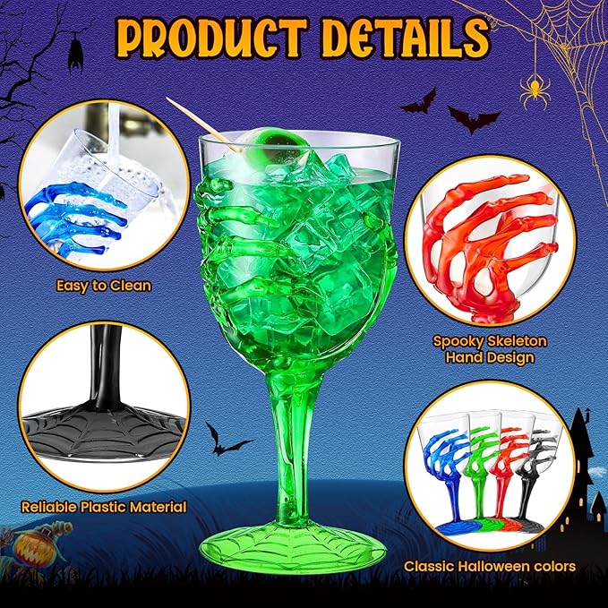 Sliner 24 Pcs Halloween Skeleton Hand Plastic Goblets 12 oz Spooky Skeleton Hand Goblets Halloween Wine Glasses Champagne Glassware Creepy Clear Cups for Party Haunted House, 4 Color