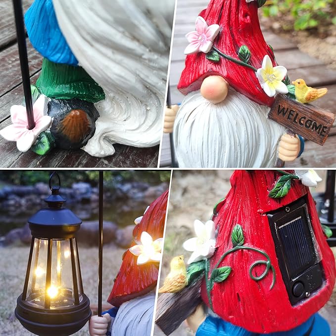 Solar Garden Gnomes Statue with Succulent and 4 LED Lights - Solar Lantern Gnomes Decorations for Yard Outdoor gnome Decorations for Garden, Patio Gnome Gifts for Mom