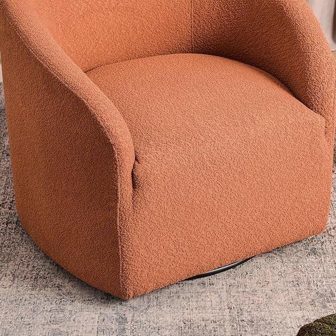 KINWELL 32" Wide Swivel Boucle Accent Chair Armchair, No Assembly Mid-Century Modern Round Upholstered Barrel Chair for Living Room, Bedroom, Office (Caramel)