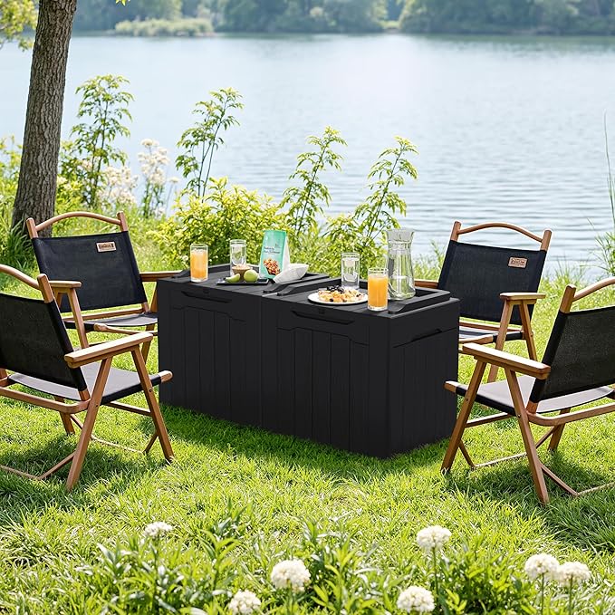 JUMMICO 31 Gallon Resin Deck Box Waterproof Indoor Outdoor Storage Boxes for Patio Furniture Cushions and Garden Tools (Black, 31gallon-2 Packs)