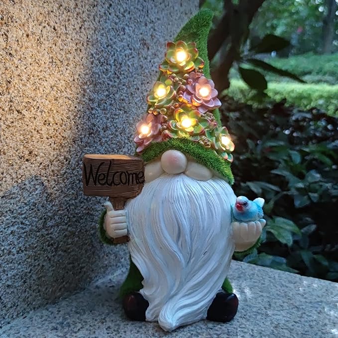 Solar Gnomes Garden Statues,Resin Gnome Figurine Holding Welcome Card and Bird with Solar Lights, Outdoor Gnomes Decorations for Yard Patio Lawn Porch, Garden Gifts