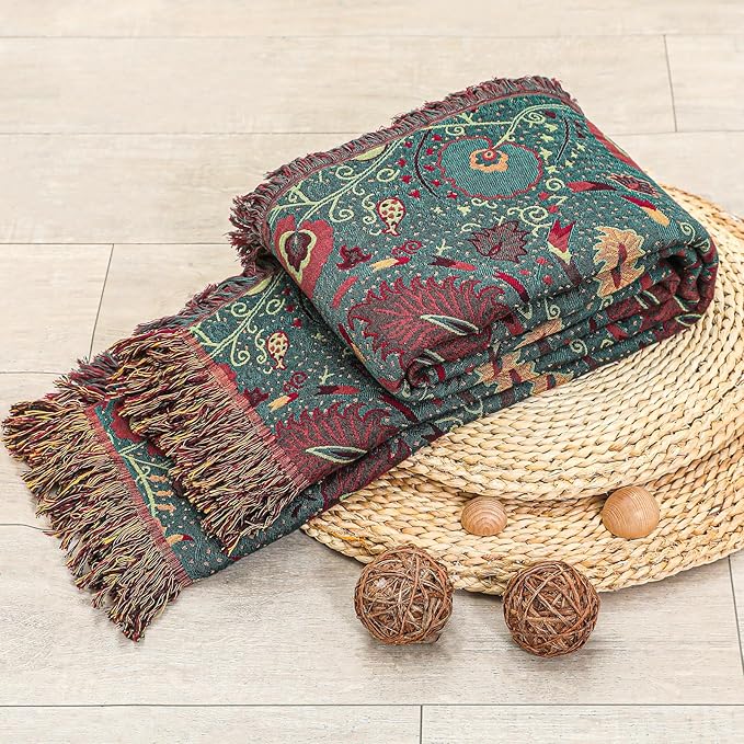 Boho Throw Blanket for Bed,100% Ultra Cotton Soft Breathable Bed Throw Floral Printed Farmhouse Decor Rustic Bed Throws for Couch Sofa Quilt 60" x 80"