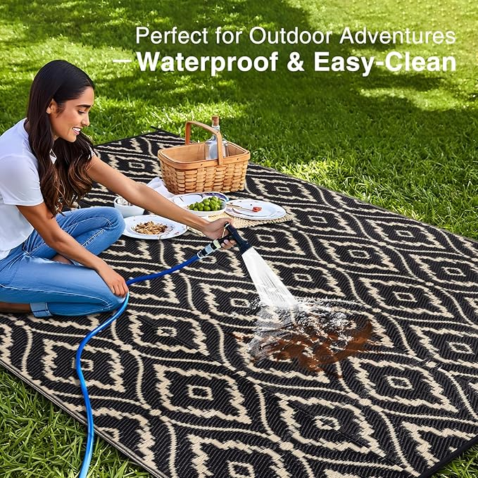 OLANLY Outdoor Rug 8x10 ft Waterproof, Outdoor Plastic Straw Rug with Geometric Pattern Clearance, Reversible RV Mat for Patio, Camping, Balcony, Deck, Backyard, Black & Beige