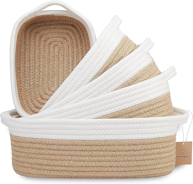 NaturalCozy 5-Piece Rectangle Storage Basket Set- Natural Cotton Rope Woven Baskets for Organizing! Small Basket for Montessori, Baby Nursery, Dog Toy Baskets, Cat Toy Box, Bathroom Organization Bin