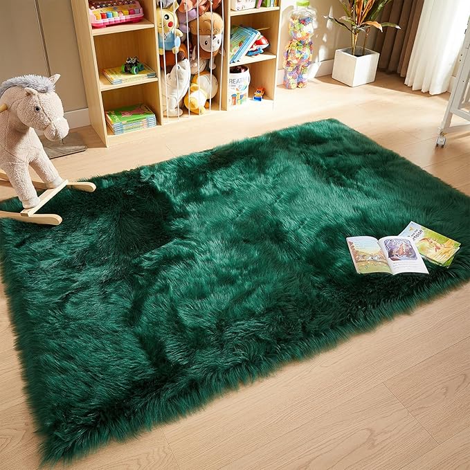 AMTOVO Faux Fur Sheepskin Rug for Living Room, 4 x 6 ft Dark Green Fluffy Area Rug for Bedroom, Playroom, Luxury Room Decor, Rectangle