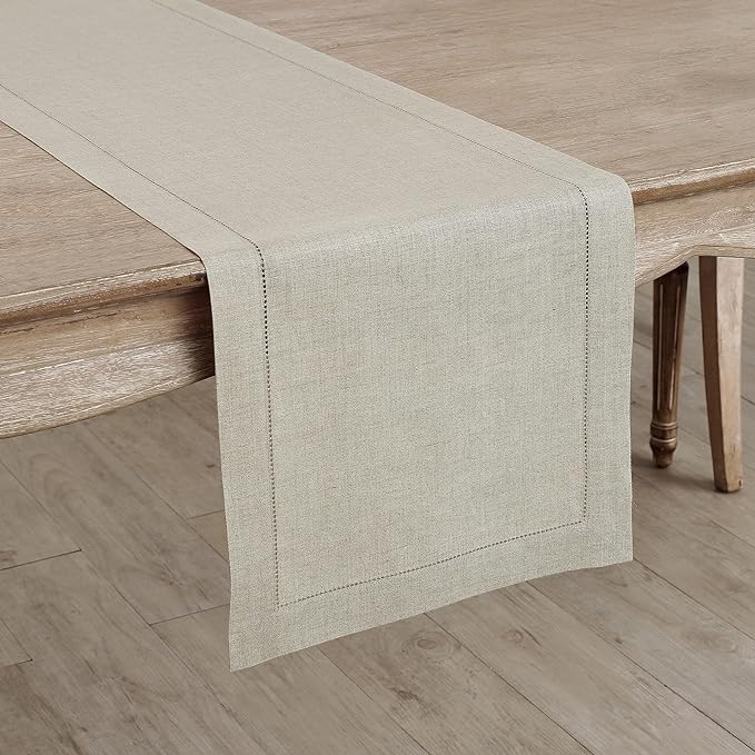 Solino Home Linen Natural Table Runner 156 Inches Long - 100% Pure Linen Extra Long Table Runner 14 x 156 Inch for Fall, Autumn, Thanksgiving - Classic Hemstitch