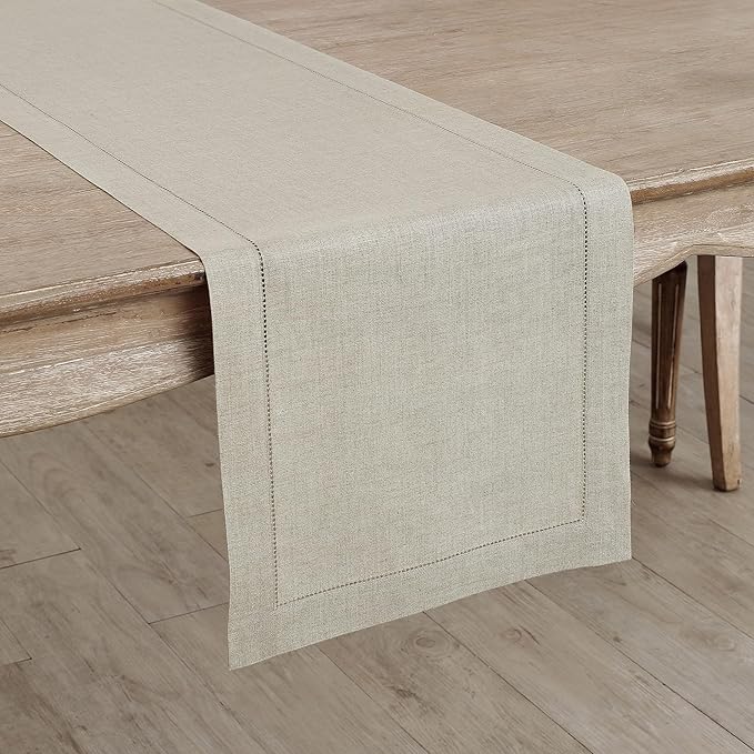 Solino Home Linen Natural Table Runner 120 Inches Long - 100% Pure Linen Hemstitch 14 x 120 Inch Table Runner for Dining, Fall, Autumn, Thanksgiving - Classic Hemstitch