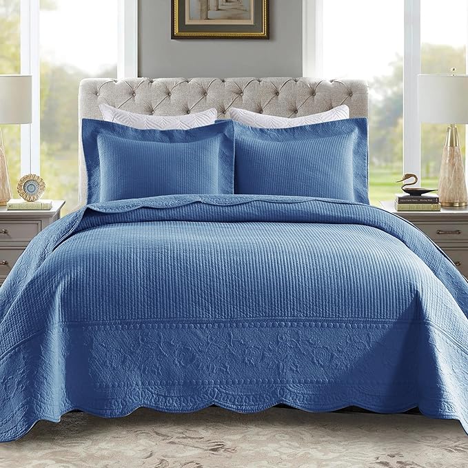 MarCielo 3-Piece 100% Cotton Oversized Bedspread Lightweight Quilt Coverlet Embroidery Farmhouse Bedding Set (TG Midtone Blue, Oversized Queen (100"x106"))