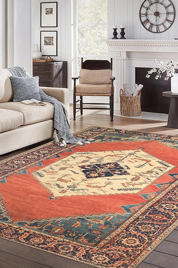 Keen Home Design 6x9 Rug - Machine Washable Area Rug with Non-Slip Backing, Ideal for Living Room, Dining Room, Bedroom - Vintage, Easy Clean, Durable, Low Pile Rug - (6' x 9')