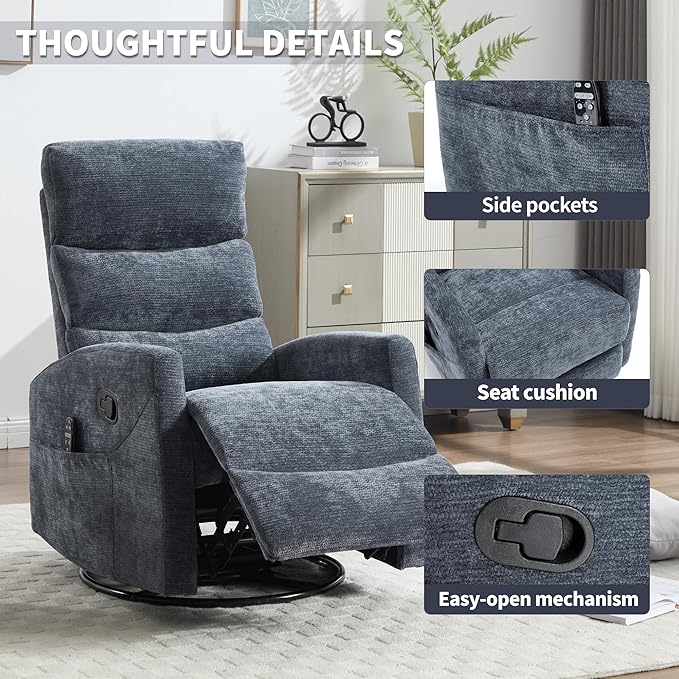 Manual Swivel Rocker Recliner Chair for Adults, Overstuffed Reclining Glider Chair for Nursing with Vibration Massage & Heat, Living Room Rocking Recliner 3-Stage backrest, Chenille Fabric Blue