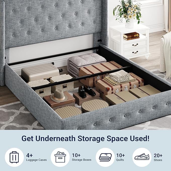 Allewie Full Size Lift Up Storage Bed, Button Tufted Headboard with Wingback, Hydraulic Support, No Box Spring Needed, Grey Blue