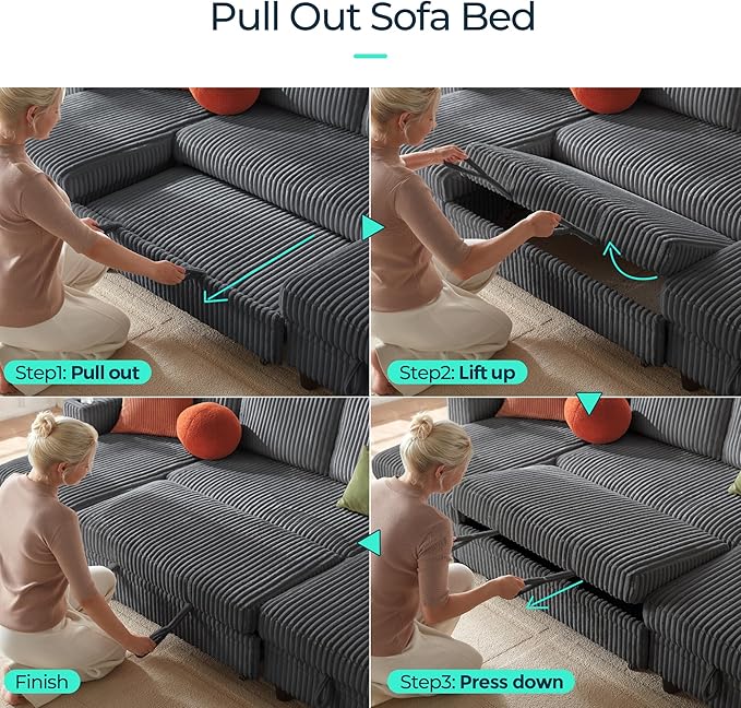 LINSY HOME Sectional Sleeper Sofa with Pull Out Couch Bed Convertible Plush Corduroy Cloud Couch with Storage Chaise & USB Charging, Comfy L Shaped Modular Couches for Living Room Apartment (Grey)