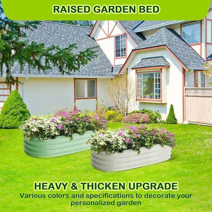 2 Pcs 4.5x2x1.5ft Oval Raised Garden Bed,Galvanized Raised Beds,Open-Ended Base Metal Raised Planter Beds,Garden Bed Outdoor,Planter Raised Boxes for Vegetables,Flowers,Tool-Free Asse,Green