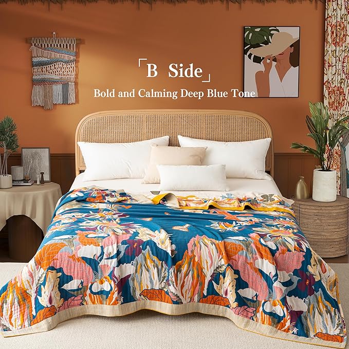 Boho Throw Blanket Twin Size, Soft Cozy Cotton Muslin Quilt Blanket for Bed Decor, Floral Patterned Couch Sofa Chair Cover, Vintage Farmhouse Cottage Tapestry Woven Blanket, Yellow&Blue