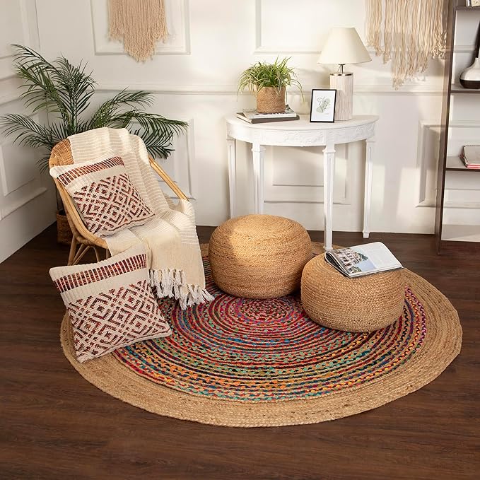REDEARTH · Jute Circular Low Pouf Ottoman - Braided Pouffe Accent Sitting Round Footrest for Living Room, Bedroom, Nursery, kidsroom, Patio, Gym; 100% Jute (18"x18"x10"; Natural)