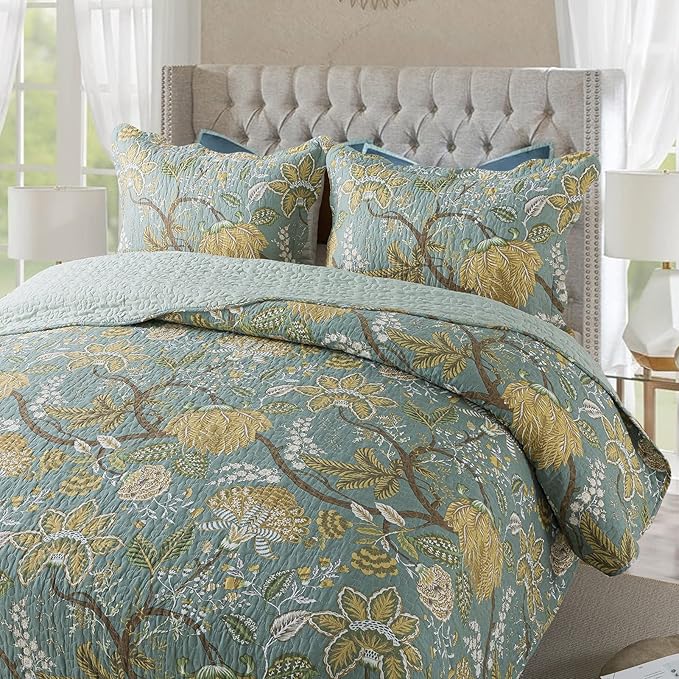 NEWLAKE Cotton Bedspread Quilt Sets-Reversible Patchwork Coverlet Set, Green Floral Pattern, King Size