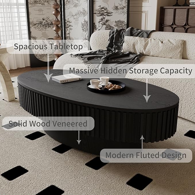 47.2''Oval Coffee Table with Storage, Mid Century Modern Fluted Drum Center Tables with Lid, Solid Wood Side Pedestal Coffee Table Tea Table for Living Room, Bedroom, Apartment-Black
