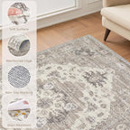 Washable Area Rugs for Living Room -8x10 Neutral Vintage Distressed Floral Farmhouse Boho Large Soft Floor Rug Indoor Non Slip Carpet for Living Room Bedroom Dining Room Office-Brown/Beige