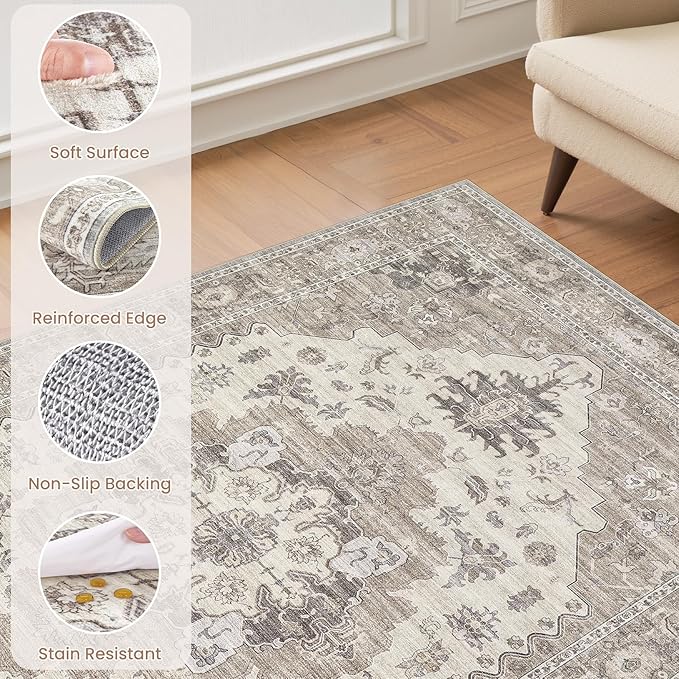 Washable Area Rugs for Living Room -10x13 Neutral Vintage Distressed Floral Farmhouse Boho Large Soft Floor Rug Indoor Non Slip Carpet for Living Room Bedroom Dining Room Office-Brown/Beige