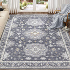 Washable Area Rugs for Living Room -8x10 Neutral Vintage Distressed Floral Farmhouse Boho Large Soft Floor Rug Indoor Non Slip Carpet for Living Room Bedroom Dining Room Office - Denim Blue/Grey