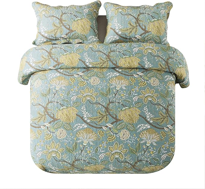 NEWLAKE Cotton Bedspread Quilt Sets-Reversible Patchwork Coverlet Set, Green Floral Pattern, King Size