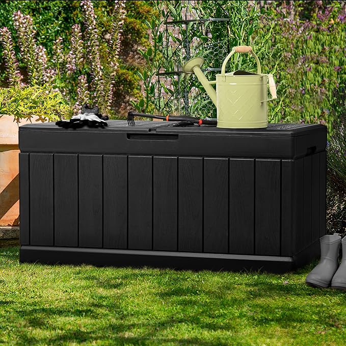 JUMMICO 83 Gallon Outdoor Deck Box Large Resin Storage Box for Patio Furniture Cushions and Garden Tools (Black)